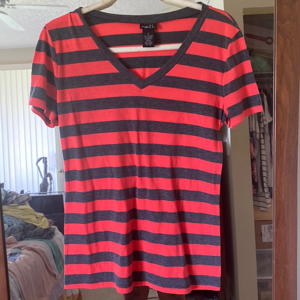 Rue 21 size large, gray and orange, striped shirt, short sleeve